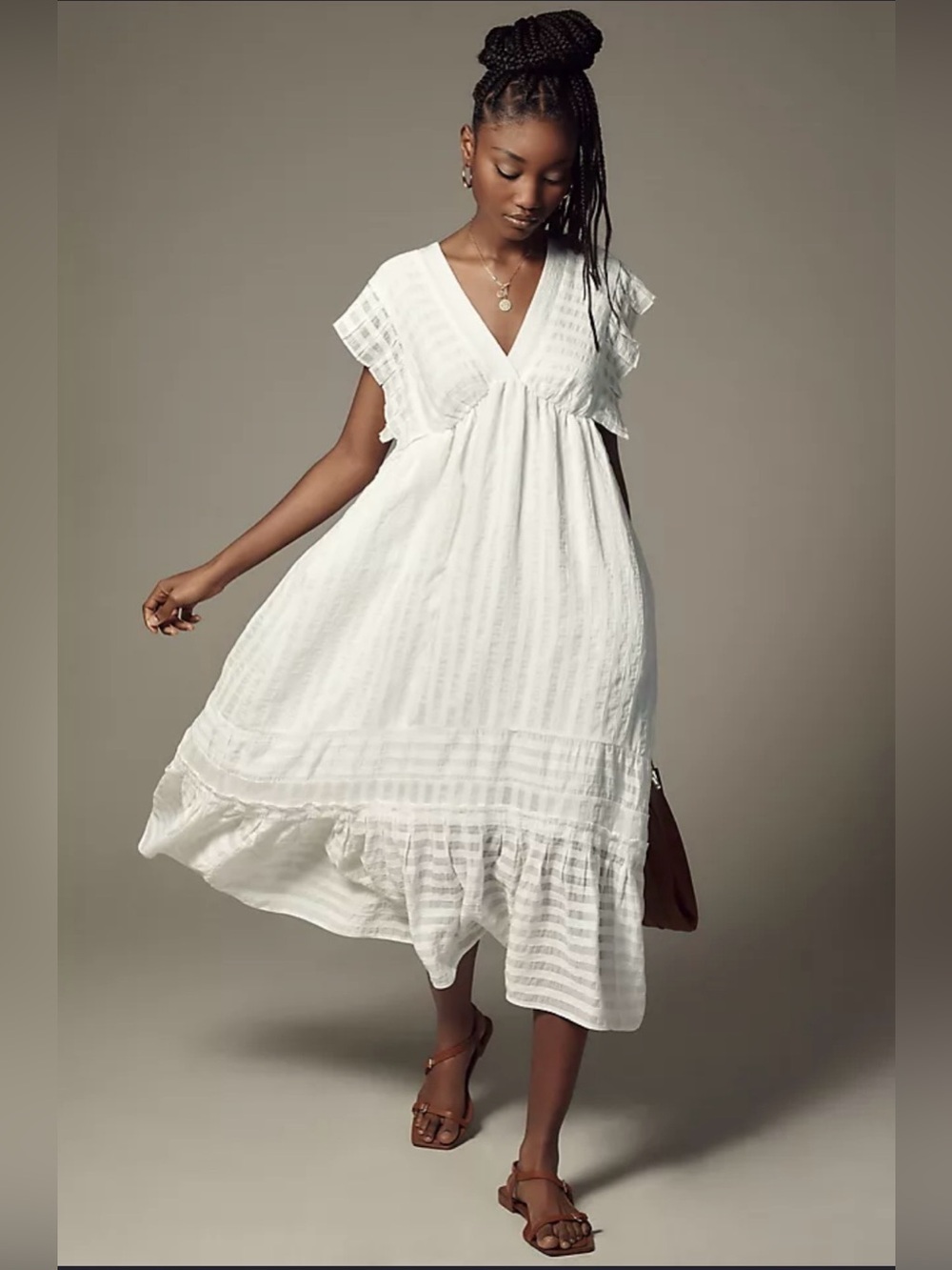 By Anthropologie V-Neck Ruffled Tiered Babydoll Dress in White